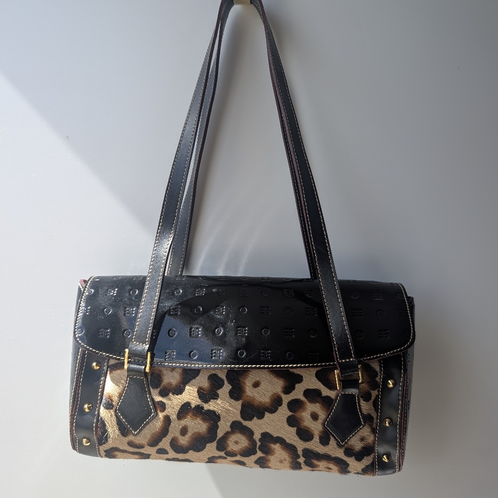 Arcadia Made In Italy Leopard Print Calf Hair and Patent Leather Purse